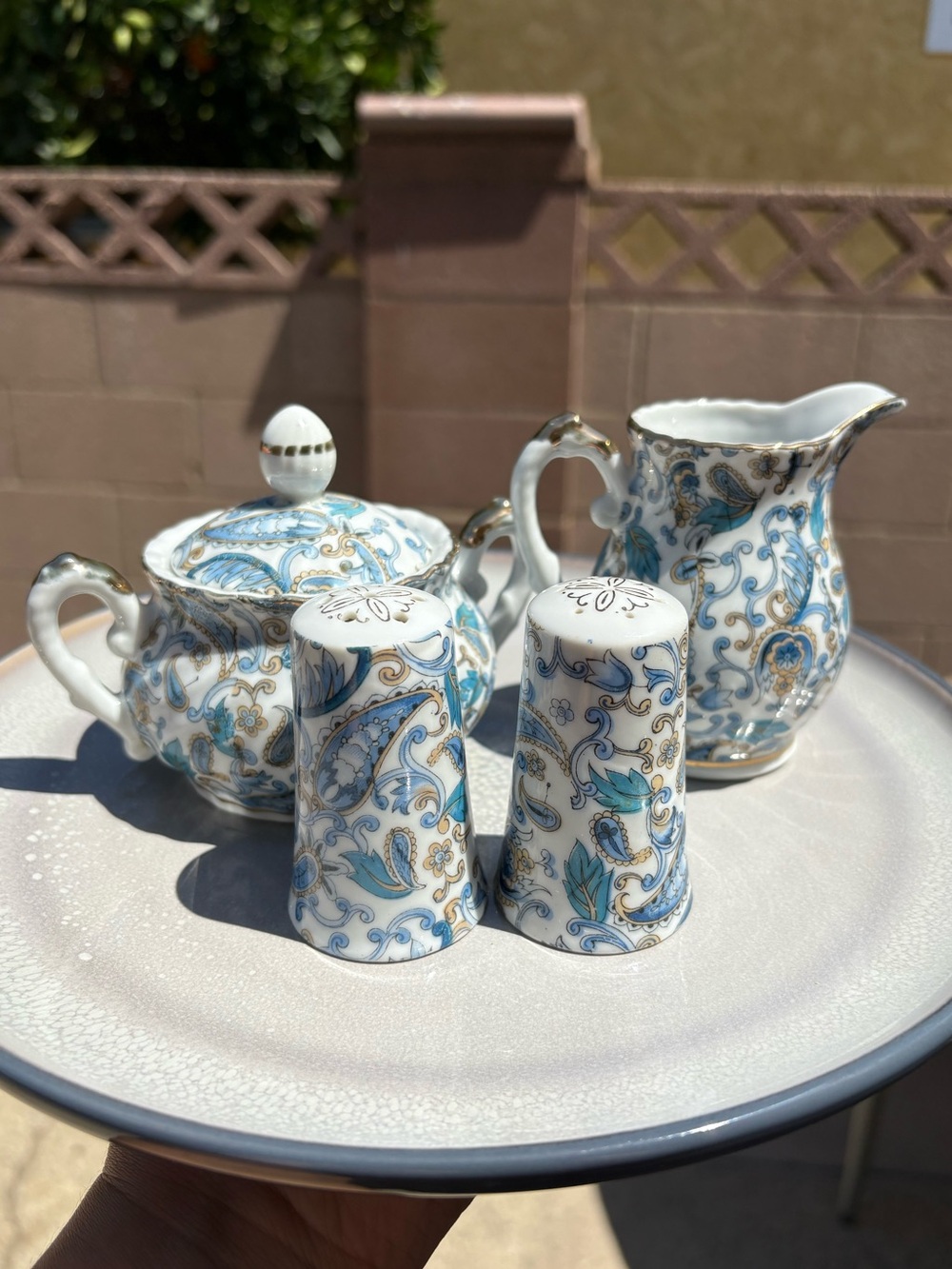 Vintage Lefton China 4-pc Set Blue Paisley Creamer & Sugar Bowl w/ Lid and S&P